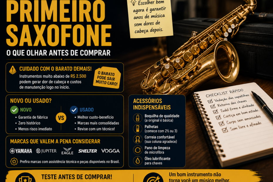 como escolher o primeiro saxofone verificando chaves e sapatilhas